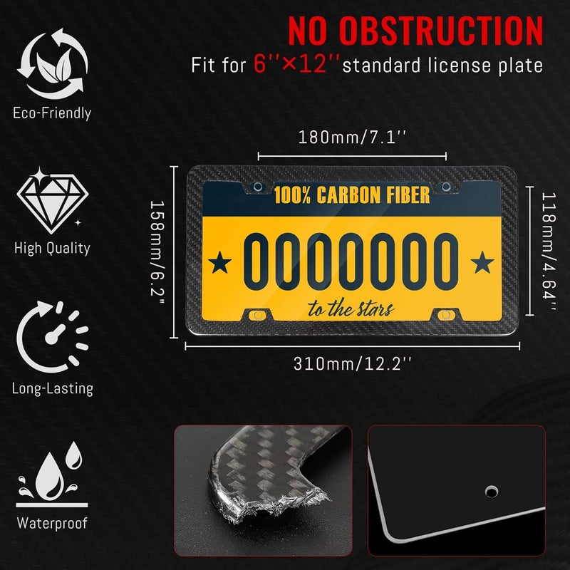 HIBRONGO License Plate Frame Cover - 100% Real Carbon Fiber License Plate Frame with Clear License Plate Cover Protector Universal Waterproof License Plate Holder with Complete Hardware - 1 Pack - Image 2